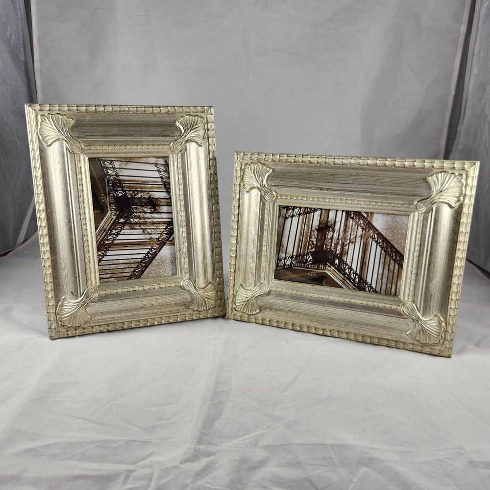 2 Sheffield Home 4x6 Picture Frames Ornate Silver Tone Hanging or Free Standing